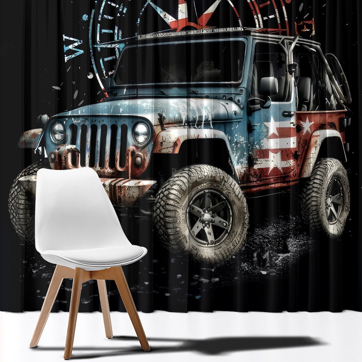 American Jeep Window Curtain Vintage Jeep Life DT01 - The Mazicc - With Hooks - 107cm x 213cm - Black