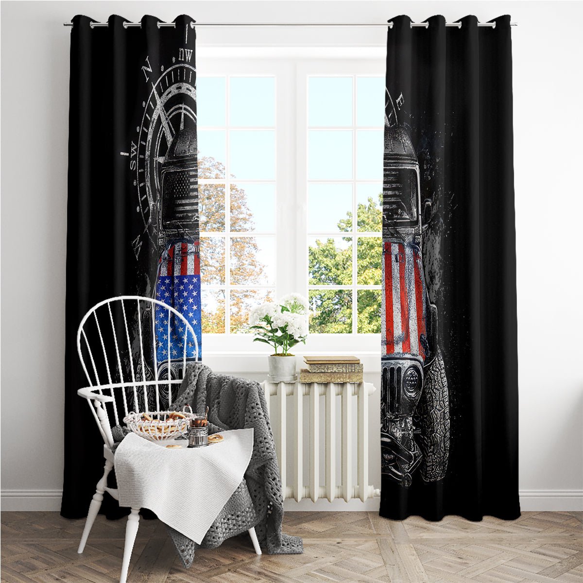 American Jeep Window Curtain Vintage Jeep Life DT01 - The Mazicc - With Grommets - 107cm x 213cm - Black