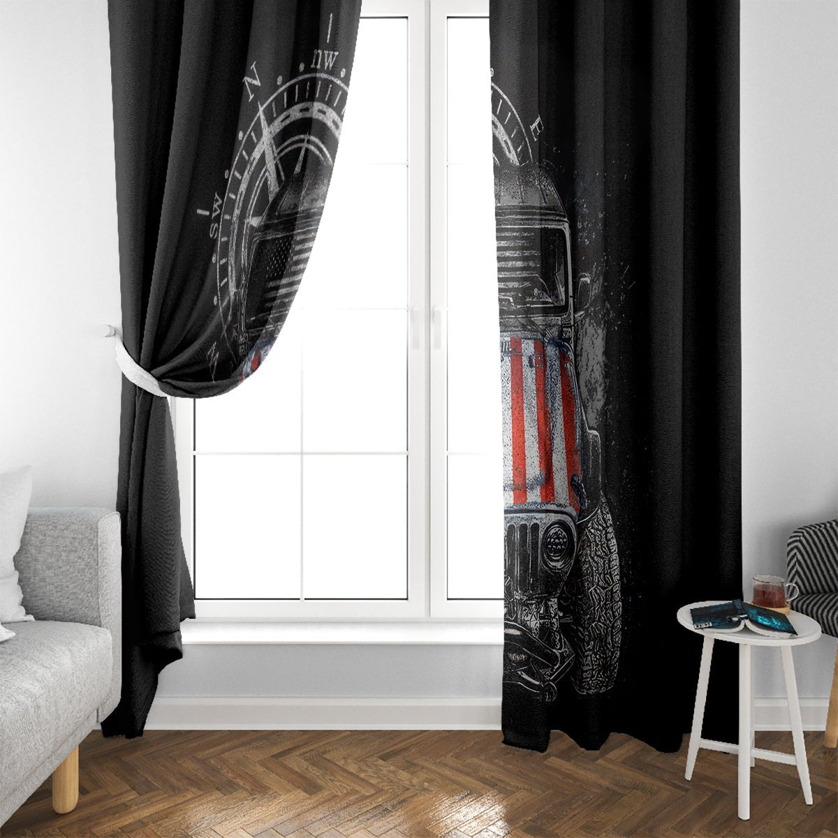 American Jeep Window Curtain Vintage Jeep Life DT01 - The Mazicc - With Hooks - 107cm x 213cm - Black