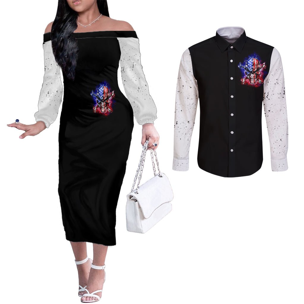 American Skull Couples Matching Off The Shoulder Long Sleeve Dress and Long Sleeve Button Shirts American Live It Love It Or Get The Hell Out DT01 - The Mazicc - S - S - Black