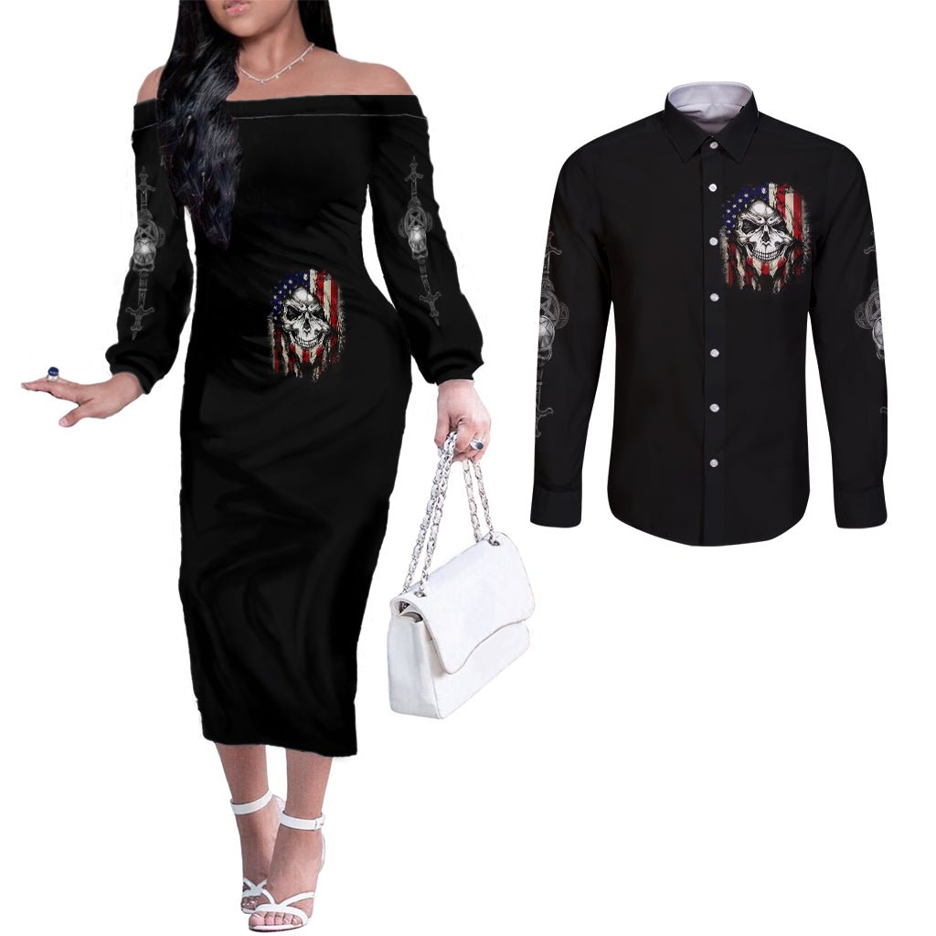 American Skull Couples Matching Off The Shoulder Long Sleeve Dress and Long Sleeve Button Shirts Grumpy Old Man Motherfuckers Who Make Me Angry DT01 - The Mazicc - S - S - Black