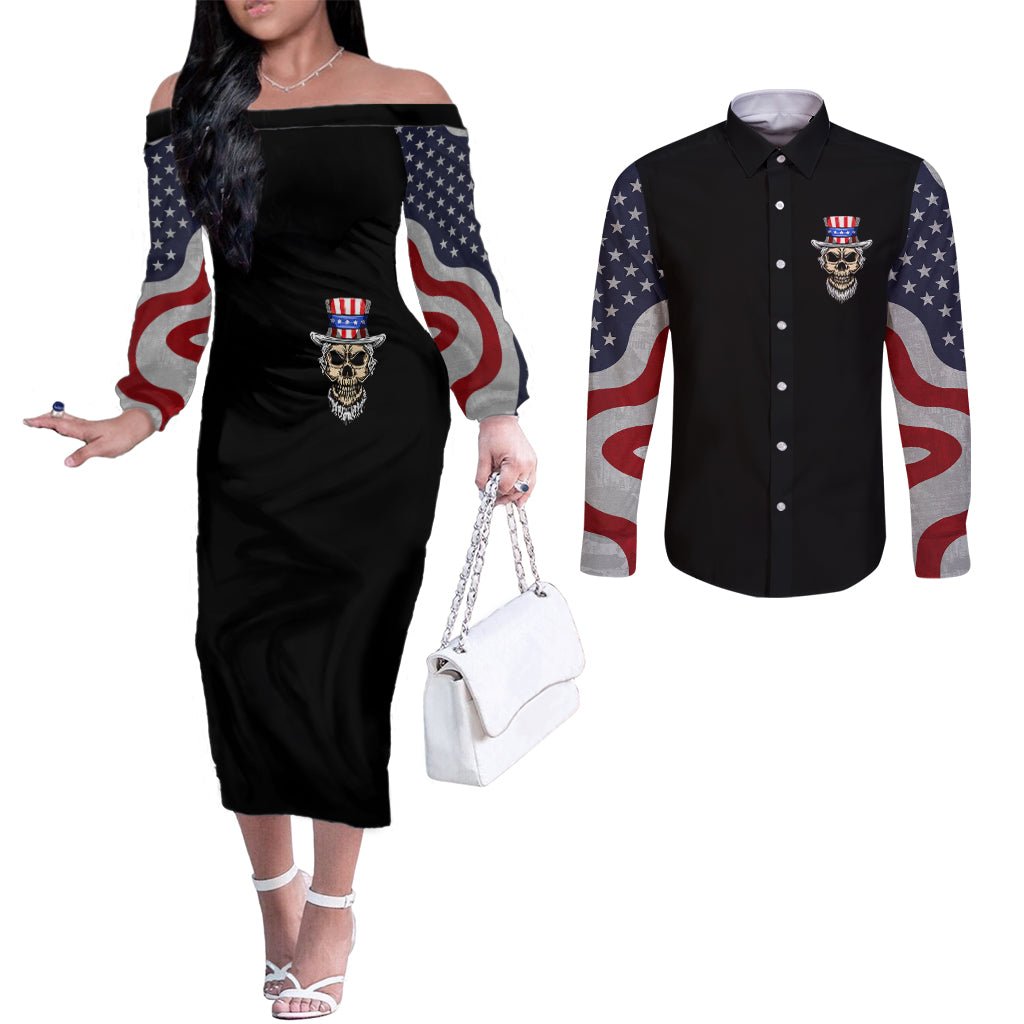 American Skull Couples Matching Off The Shoulder Long Sleeve Dress and Long Sleeve Button Shirts In Gun We Trust DT01 - The Mazicc - S - S - Black