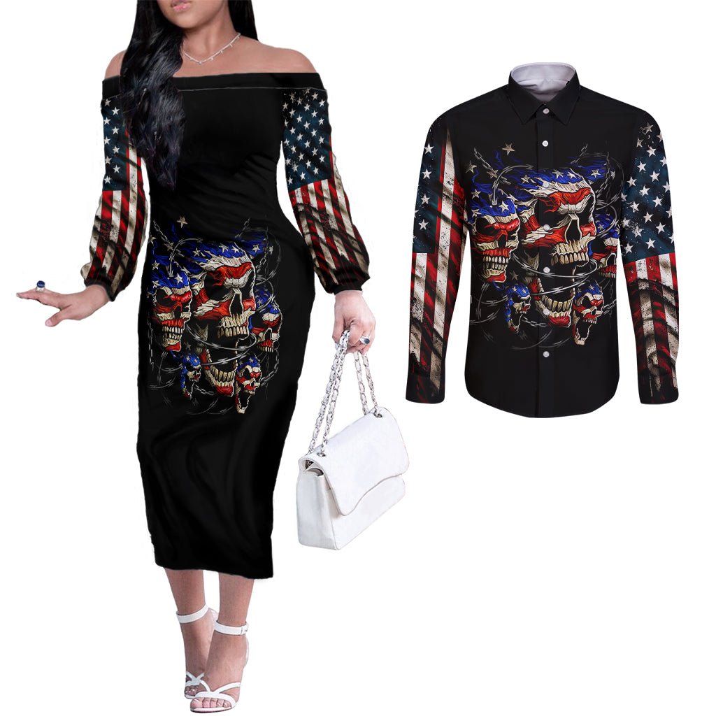 American Skull Couples Matching Off The Shoulder Long Sleeve Dress and Long Sleeve Button Shirts Nice To Meet You Im The Coach DT01 - The Mazicc - S - S - Black