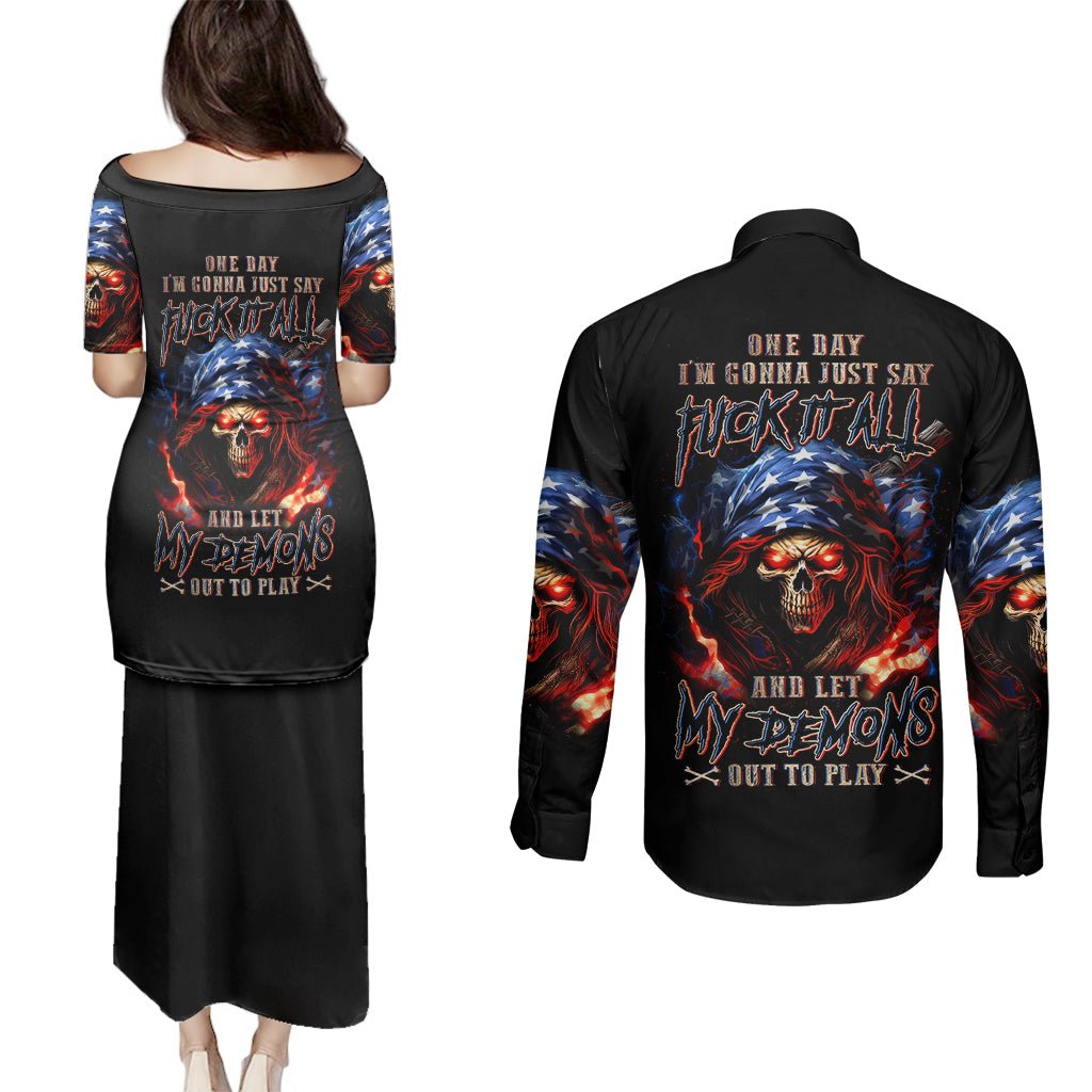 American Skull Couples Matching Puletasi Dress and Long Sleeve Button Shirts One Day I Gonna Fuck It All DT01 - The Mazicc - S - S - Black