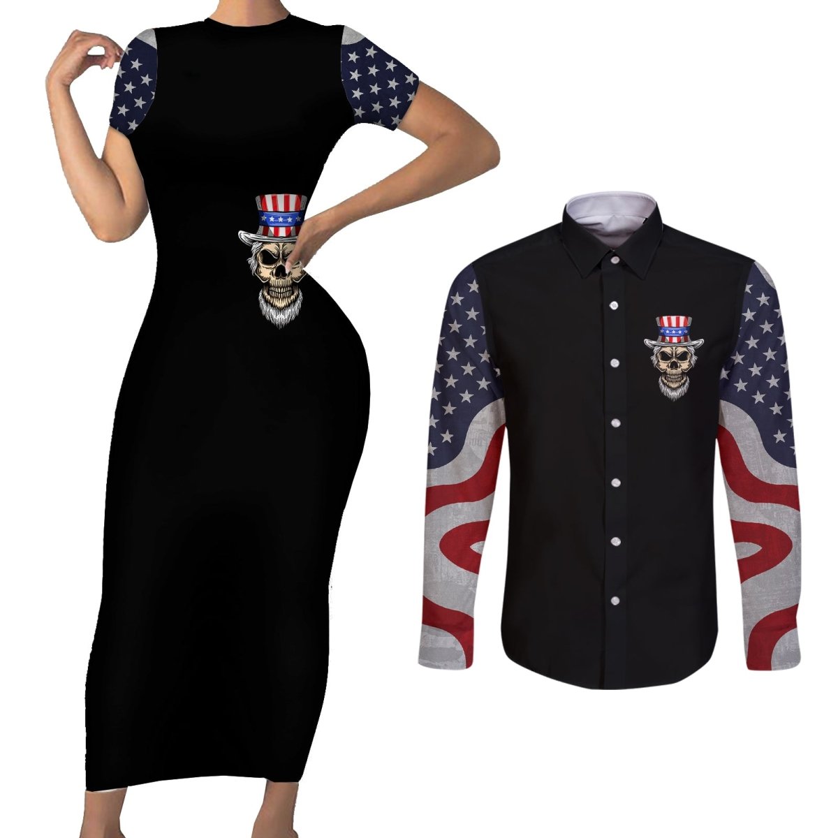 American Skull Couples Matching Short Sleeve Bodycon Dress and Long Sleeve Button Shirts In Gun We Trust DT01 - The Mazicc - S - S - Black