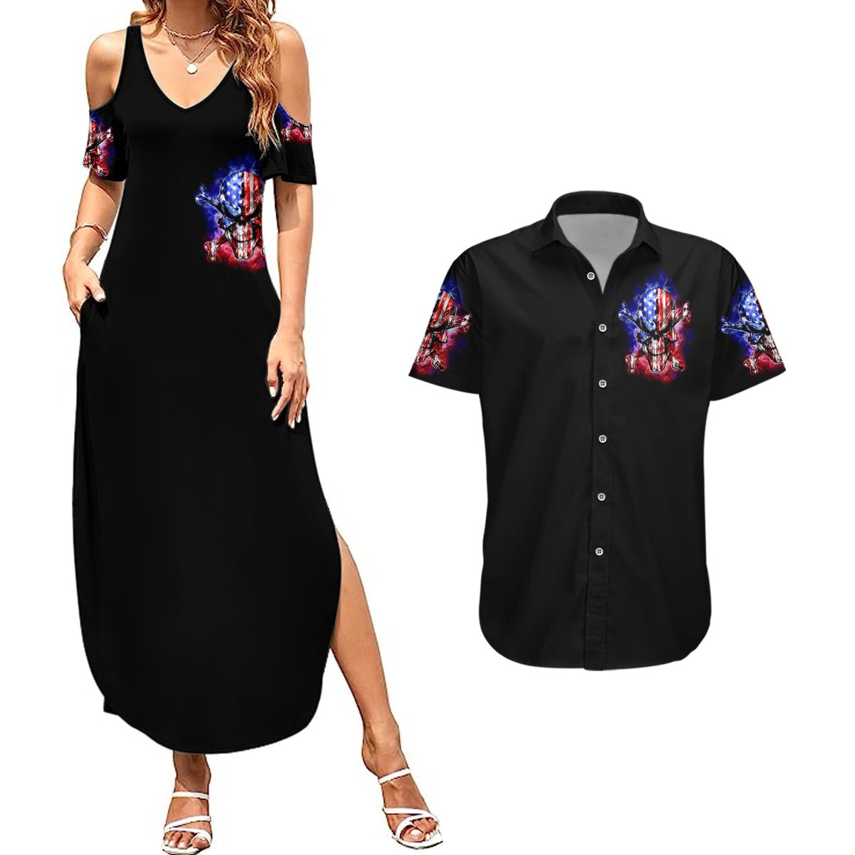 American Skull Couples Matching Summer Maxi Dress and Hawaiian Shirt American Live It Love It Or Get The Hell Out DT01 - The Mazicc - S - S - Black