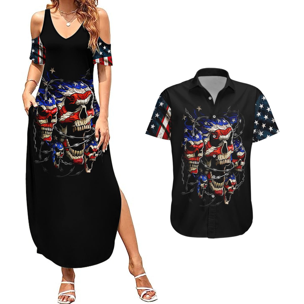 American Skull Couples Matching Summer Maxi Dress and Hawaiian Shirt Nice To Meet You Im The Coach DT01 - The Mazicc - S - S - Black