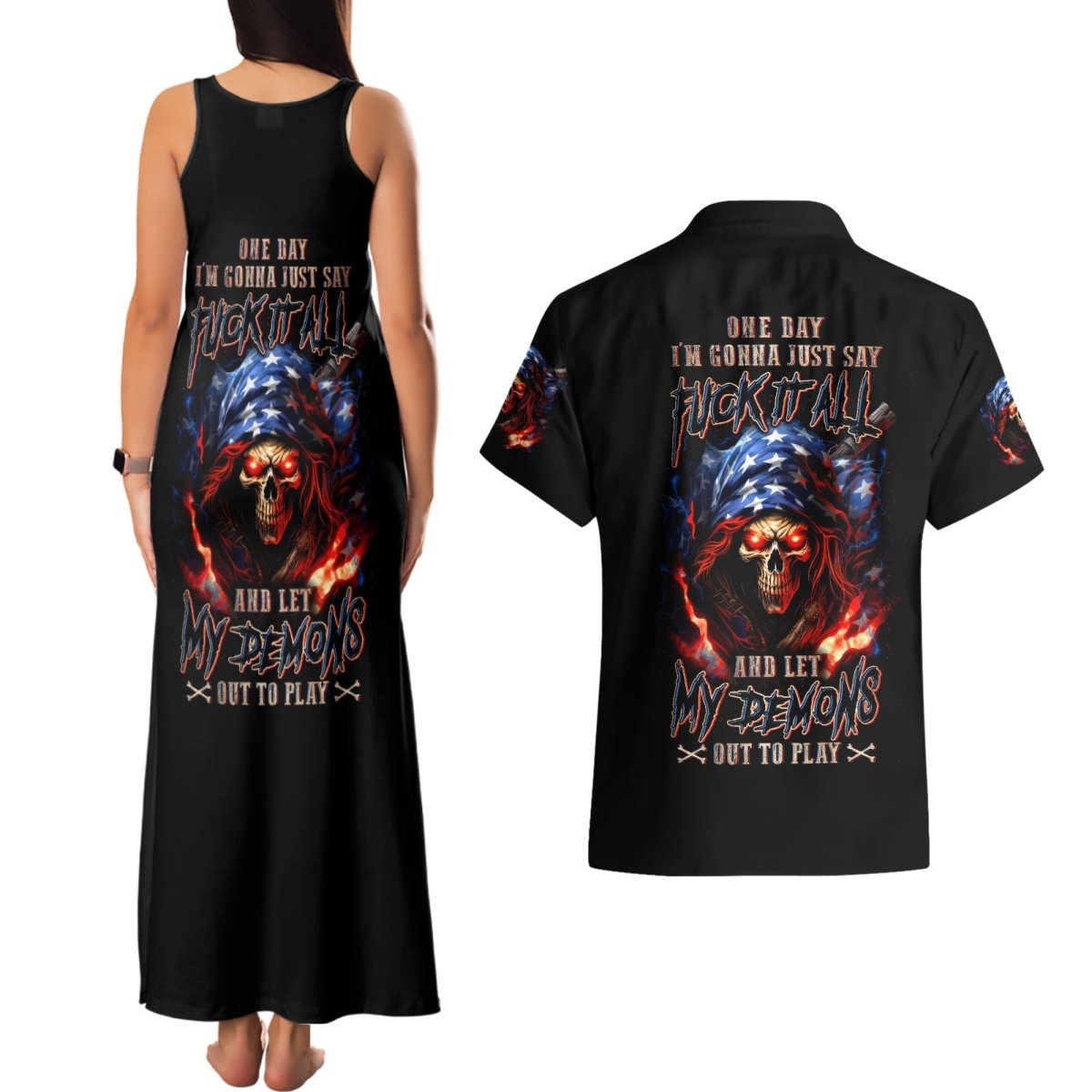 American Skull Couples Matching Tank Maxi Dress and Hawaiian Shirt One Day I Gonna Fuck It All DT01 - The Mazicc - S - S - Black