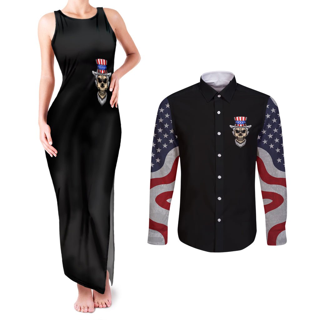 American Skull Couples Matching Tank Maxi Dress and Long Sleeve Button Shirts In Gun We Trust DT01 - The Mazicc - S - S - Black
