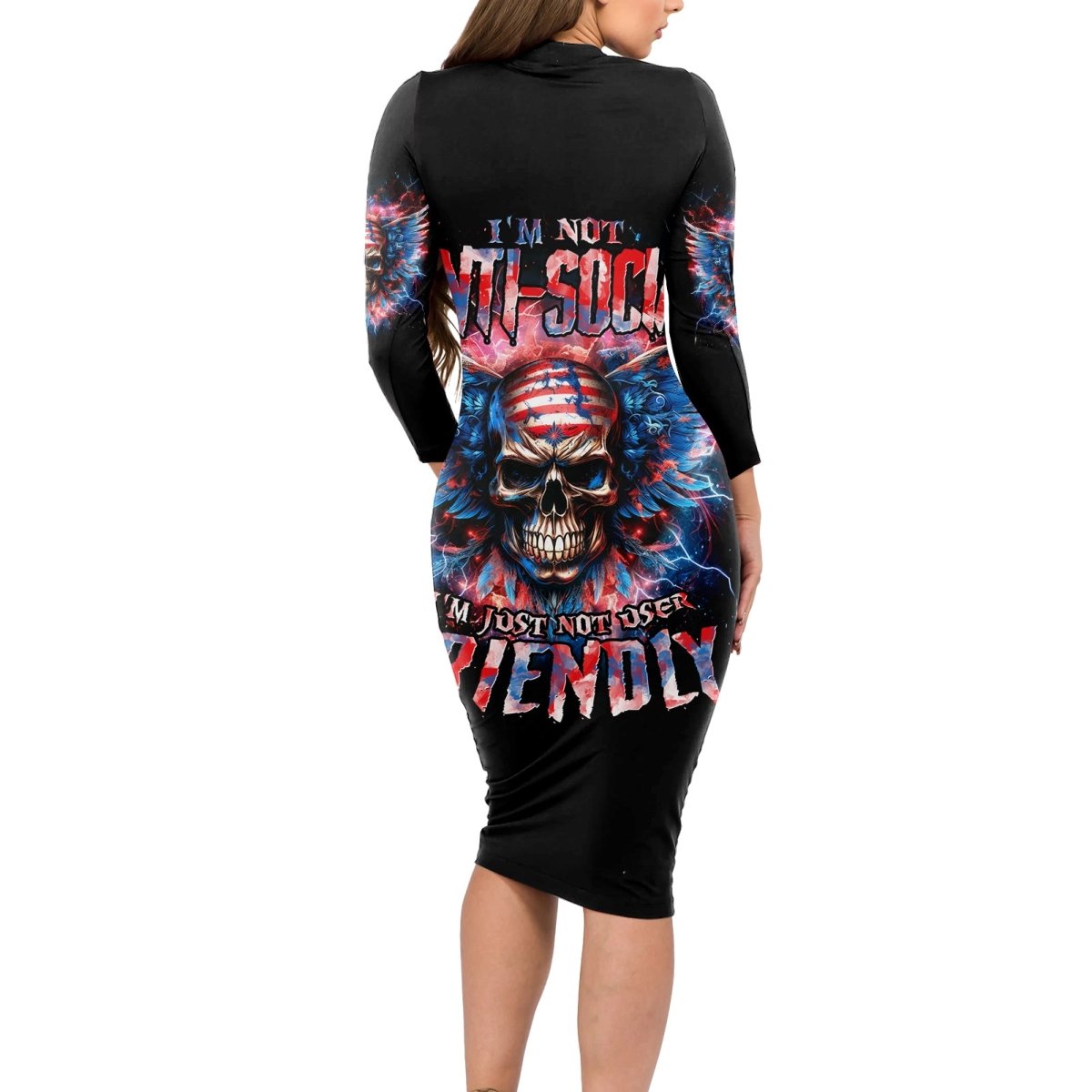 American Skull Long Sleeve Bodycon Dress I'm Not Anti Social I'm Just Not User Friendly DT01 - The Mazicc - Long Dress - S - Black