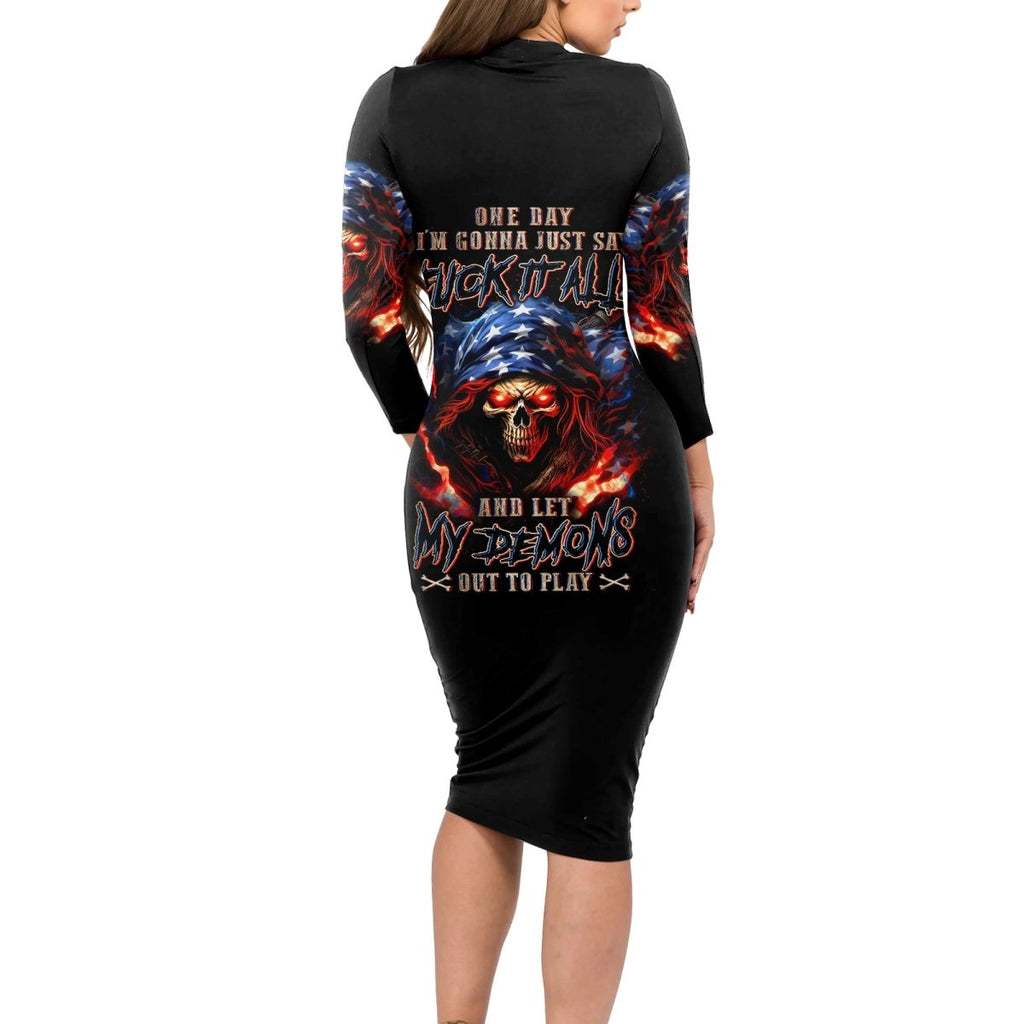 American Skull Long Sleeve Bodycon Dress One Day I Gonna Fuck It All DT01 - The Mazicc - Long Dress - S - Black