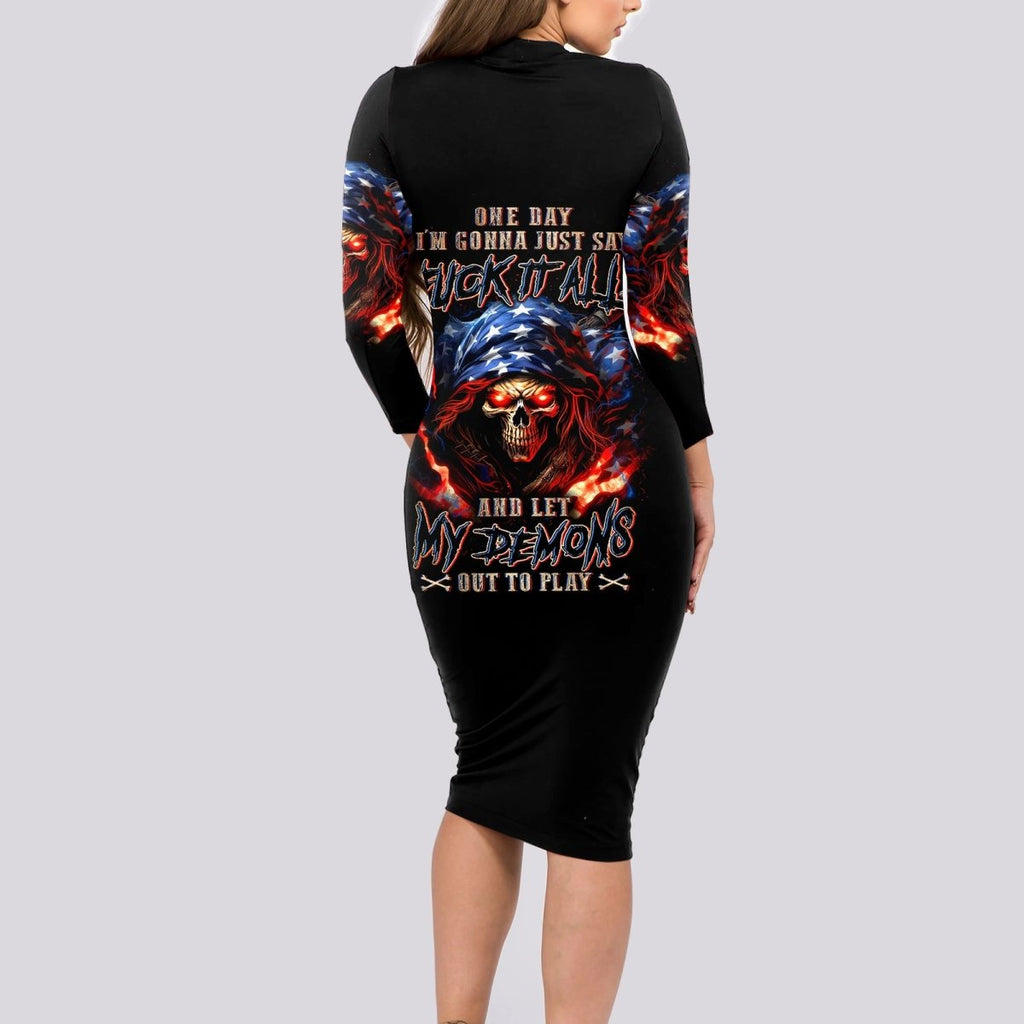 American Skull Long Sleeve Bodycon Dress One Day I Gonna Fuck It All DT01 - The Mazicc - Long Dress - S - Black
