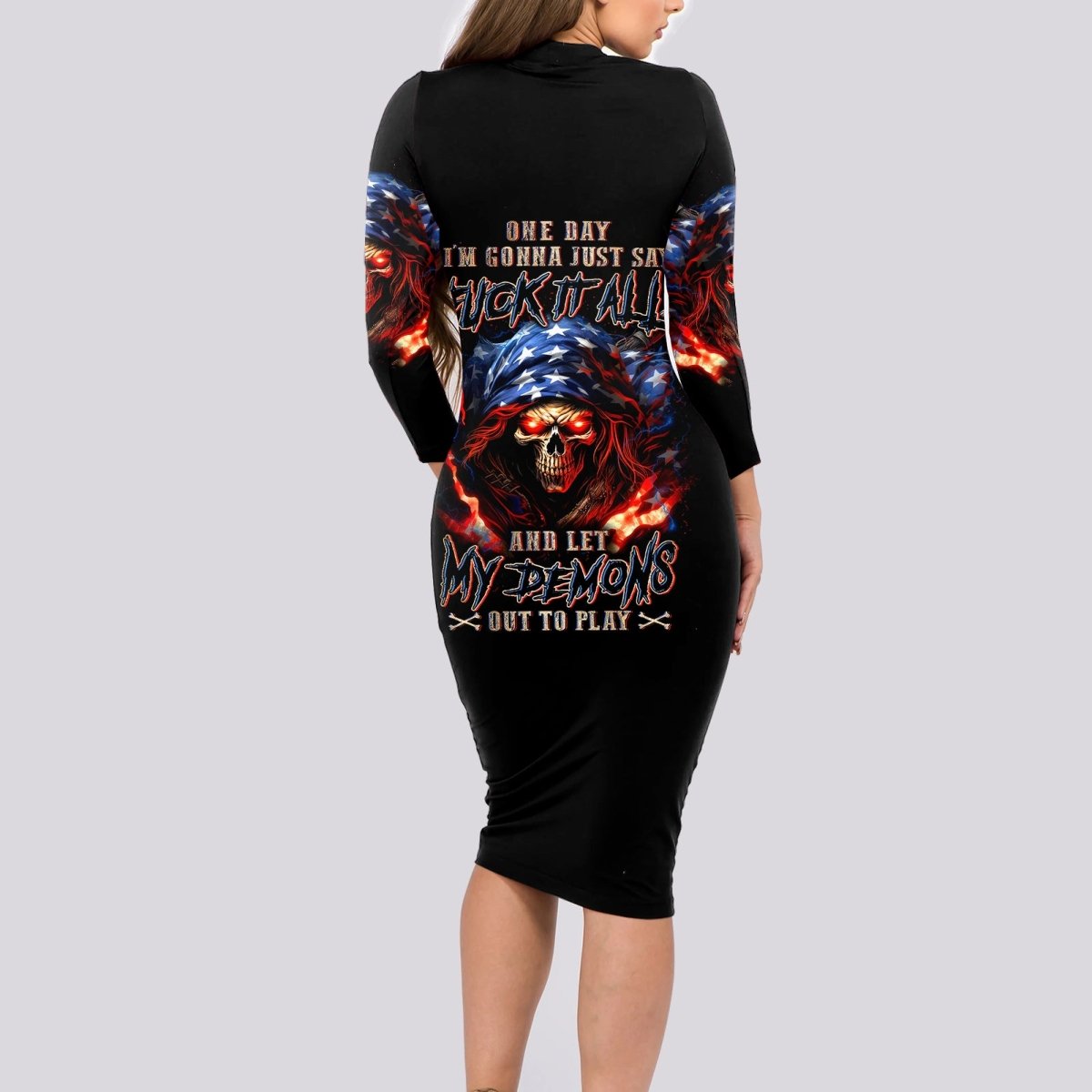 American Skull Long Sleeve Bodycon Dress One Day I Gonna Fuck It All DT01 - The Mazicc - Long Dress - S - Black