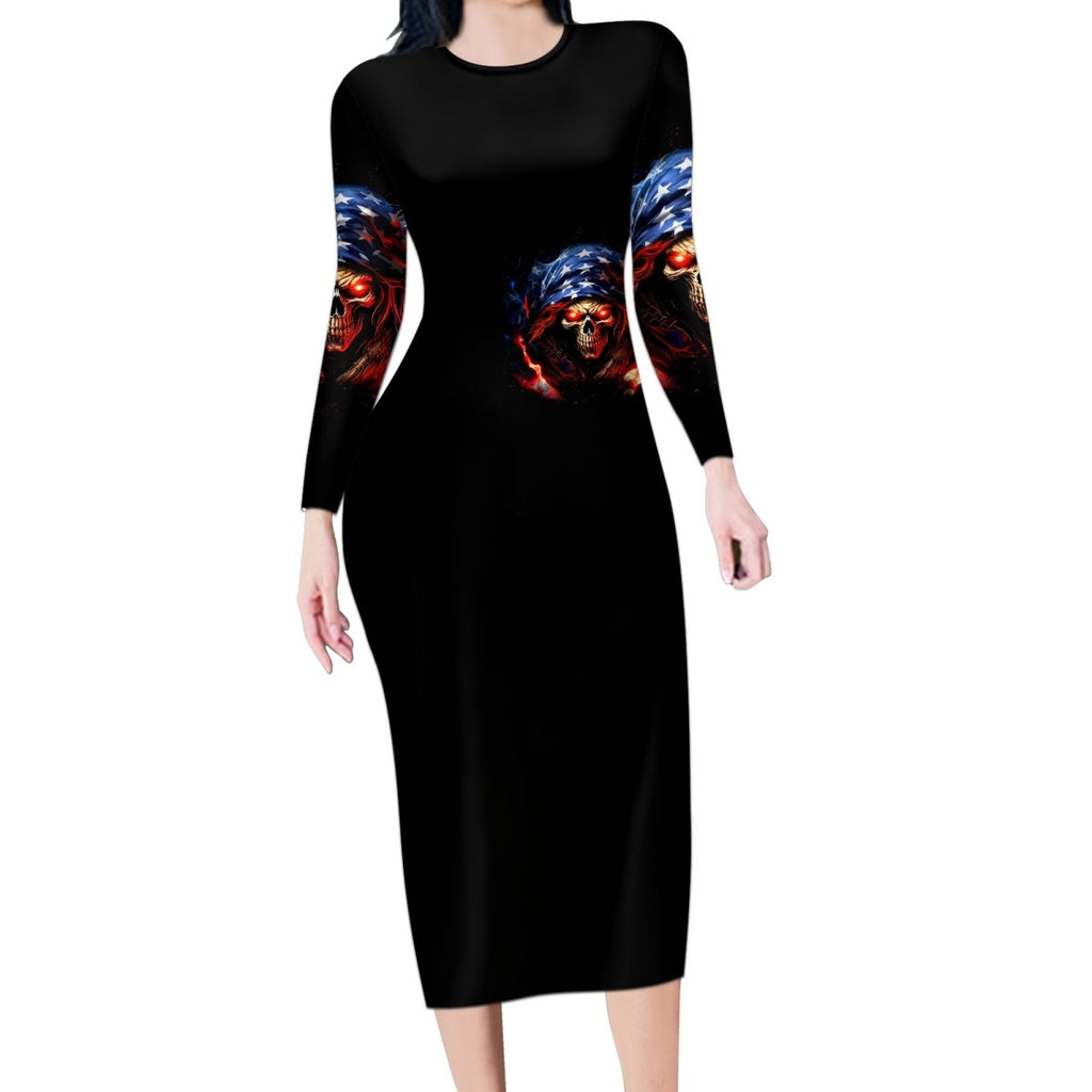 American Skull Long Sleeve Bodycon Dress One Day I Gonna Fuck It All DT01 - The Mazicc - Long Dress - S - Black