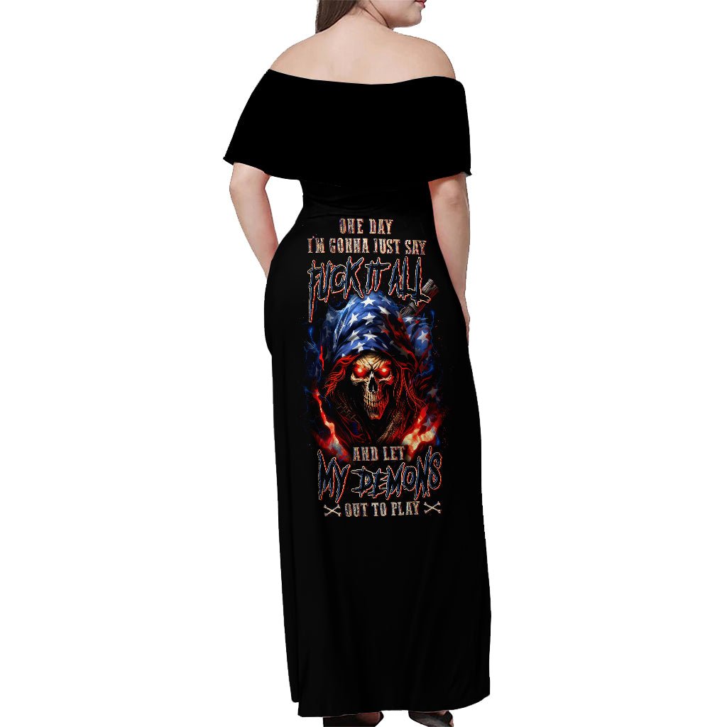 American Skull Off Shoulder Maxi Dress One Day I Gonna Fuck It All DT01 - The Mazicc - Women - S - Black