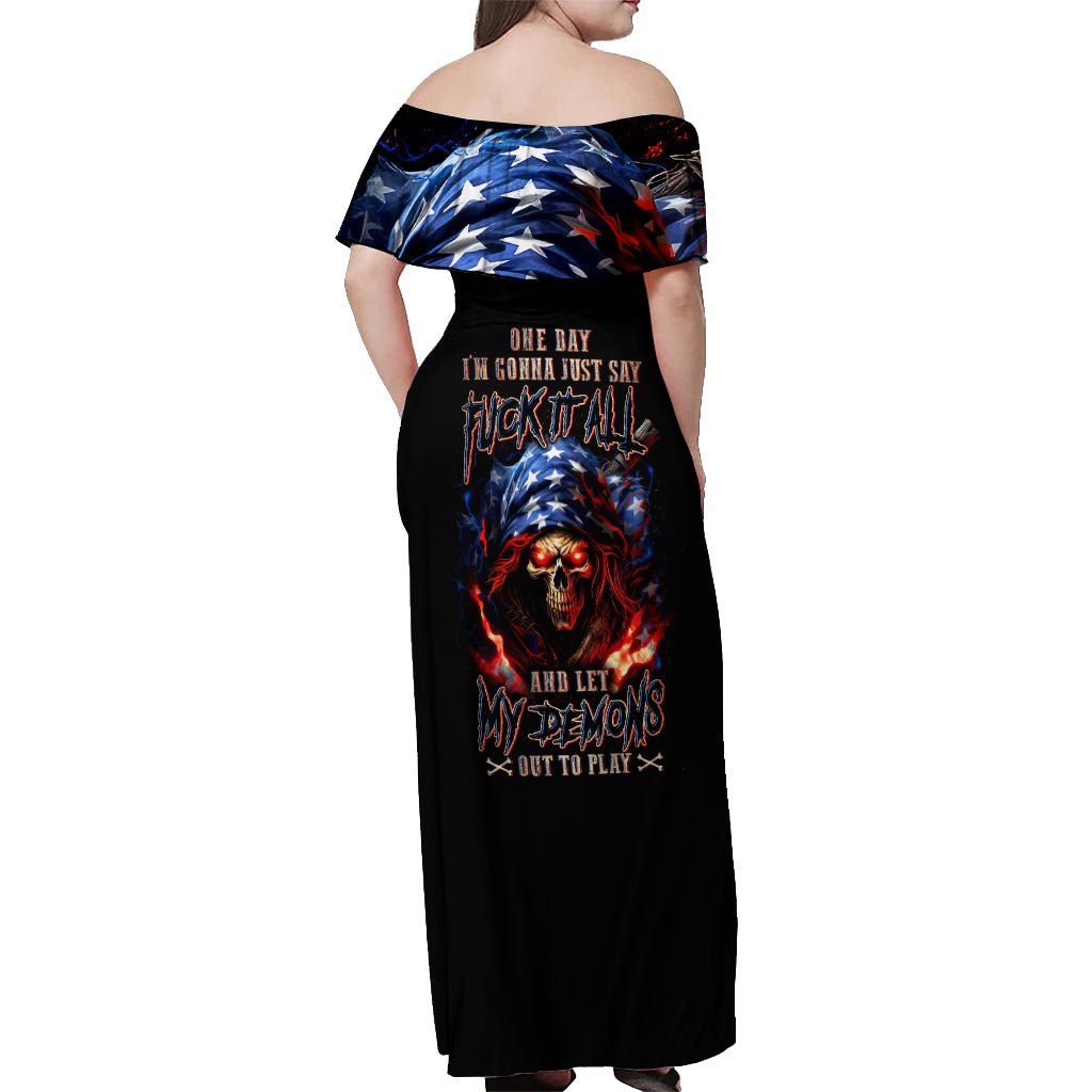 American Skull Off Shoulder Maxi Dress One Day I Gonna Fuck It All DT01 - The Mazicc - Women - S - Black