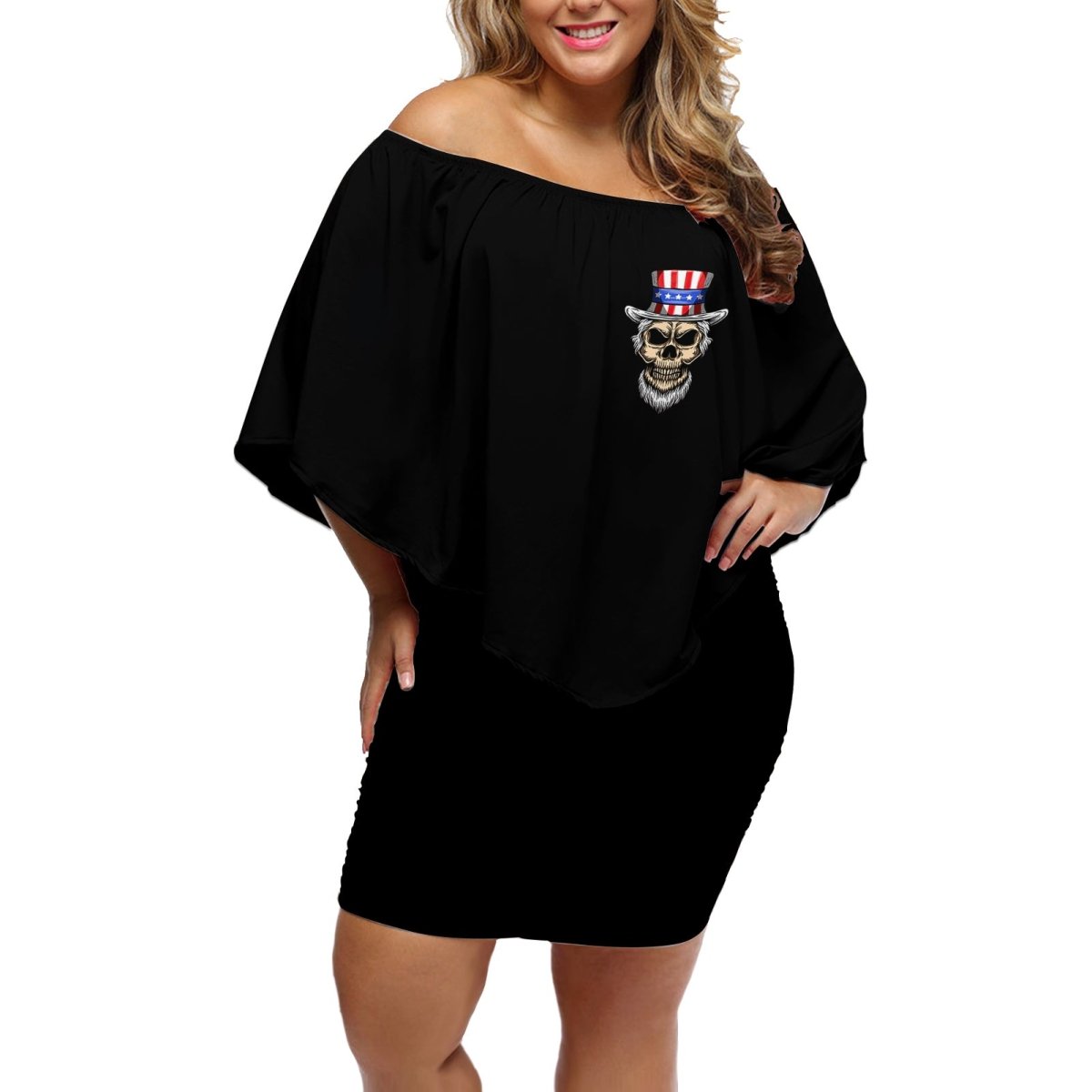 American Skull Off Shoulder Short Dress In Gun We Trust DT01 - The Mazicc - Women - S - Black