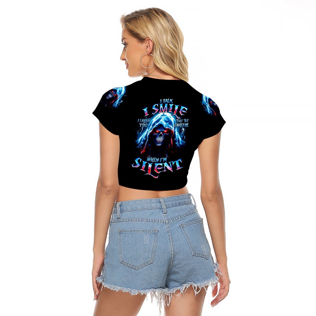 American Skull Raglan Cropped T Shirt I Talk I Smile But Be Carefull When I Silent DT01 - The Mazicc - Female - S - Black
