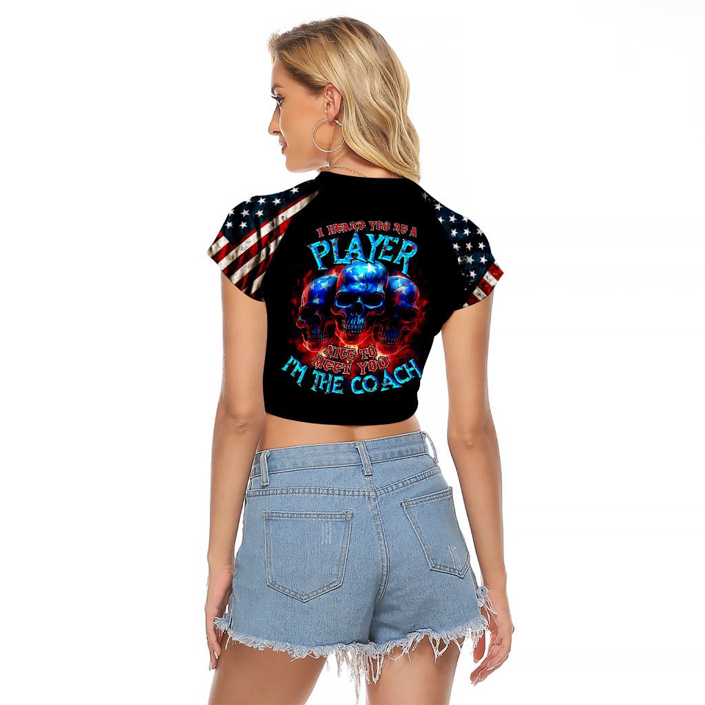 American Skull Raglan Cropped T Shirt Nice To Meet You Im The Coach DT01 - The Mazicc - Female - S - Black