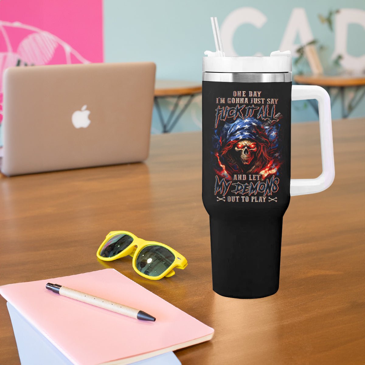 American Skull Tumbler With Handle One Day I Gonna Fuck It All DT01 - The Mazicc - One Size: 40 oz - Black -