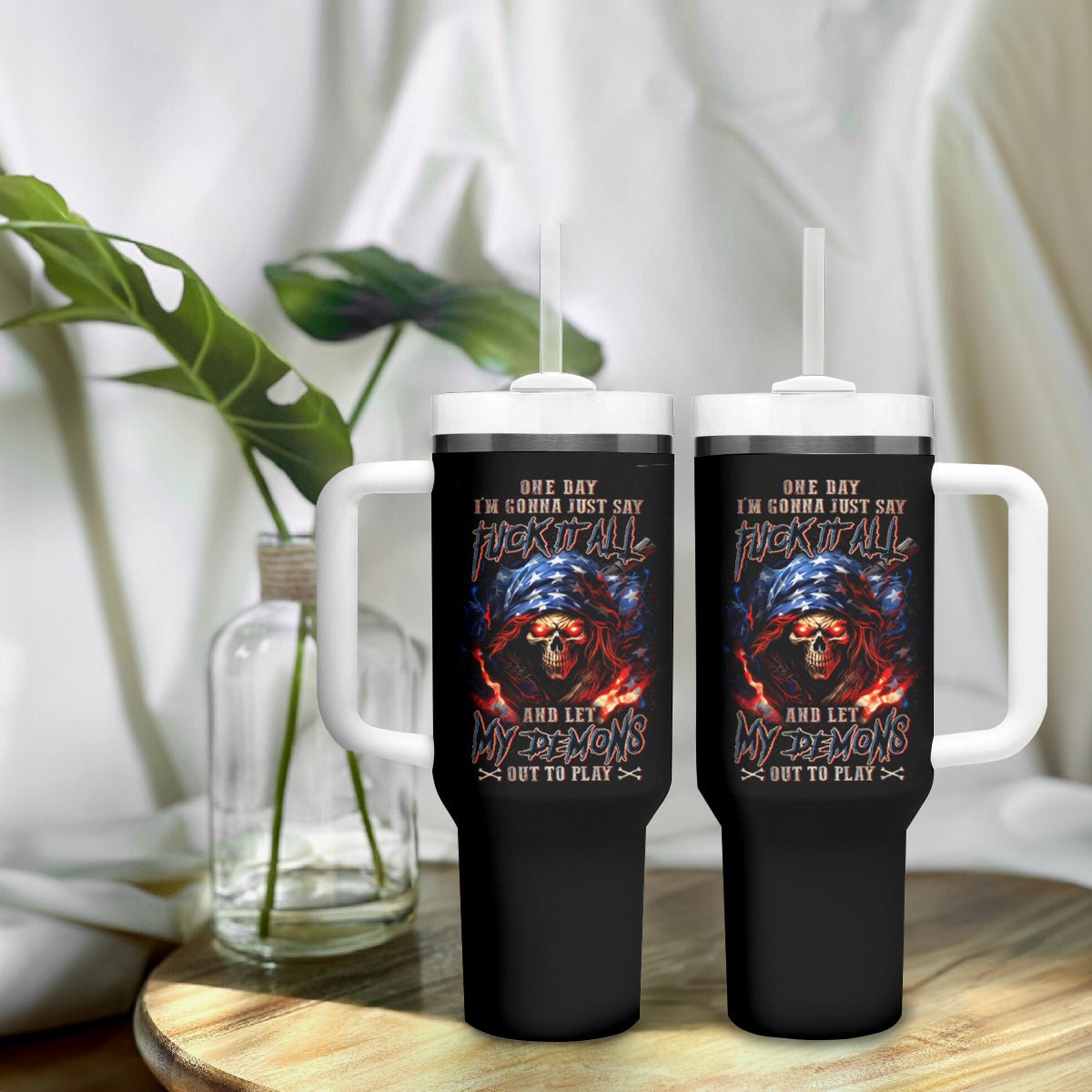 American Skull Tumbler With Handle One Day I Gonna Fuck It All DT01 - The Mazicc - One Size: 40 oz - Black -
