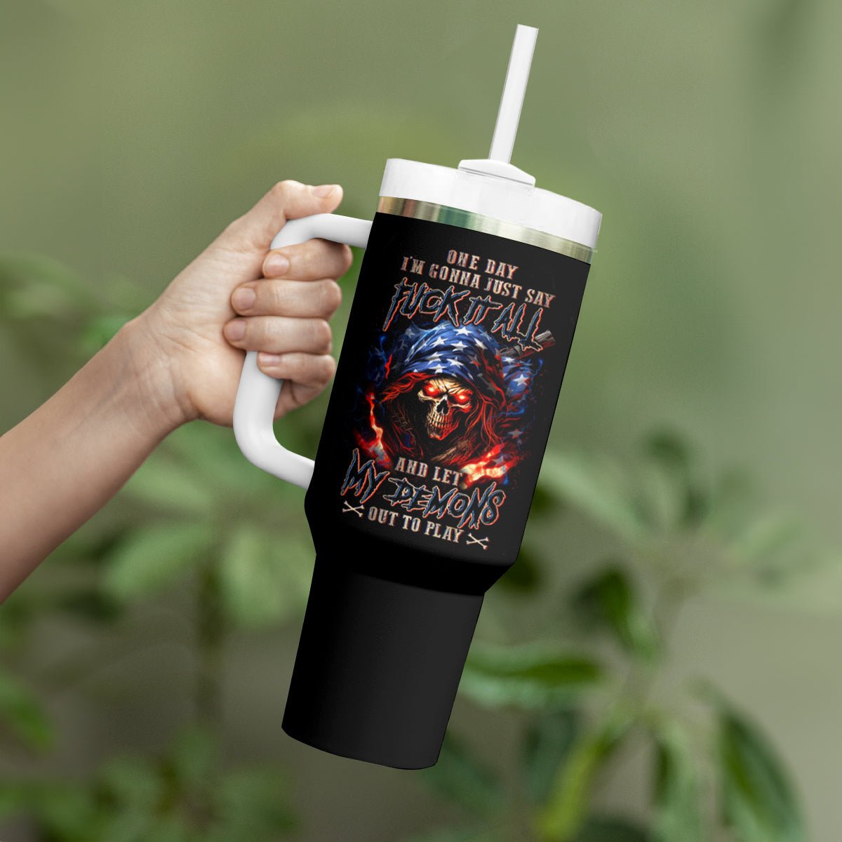 American Skull Tumbler With Handle One Day I Gonna Fuck It All DT01 - The Mazicc - One Size: 40 oz - Black -