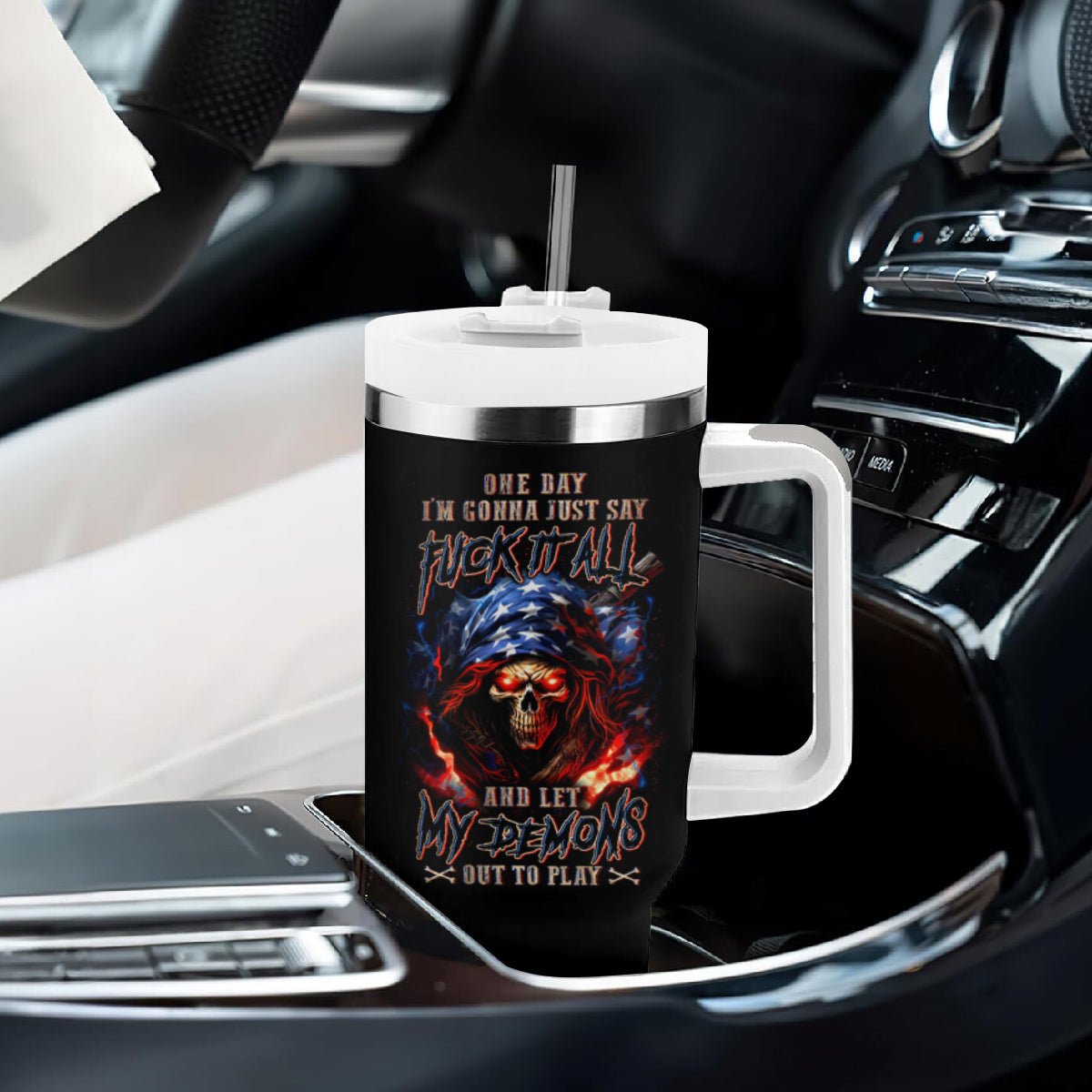American Skull Tumbler With Handle One Day I Gonna Fuck It All DT01 - The Mazicc - One Size: 40 oz - Black -