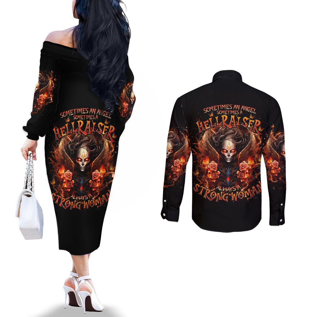 Angel Skull Couples Matching Off The Shoulder Long Sleeve Dress and Long Sleeve Button Shirt Sometimes An Angel Sometimes A Hellrasier DT01 - The Mazicc - S - S - Black