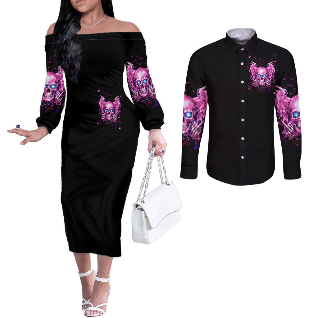 Angel Skull Couples Matching Off The Shoulder Long Sleeve Dress and Long Sleeve Button Shirt The Good Girl In Me Got Tired Of The Bullshit DT01 - The Mazicc - S - S - Black