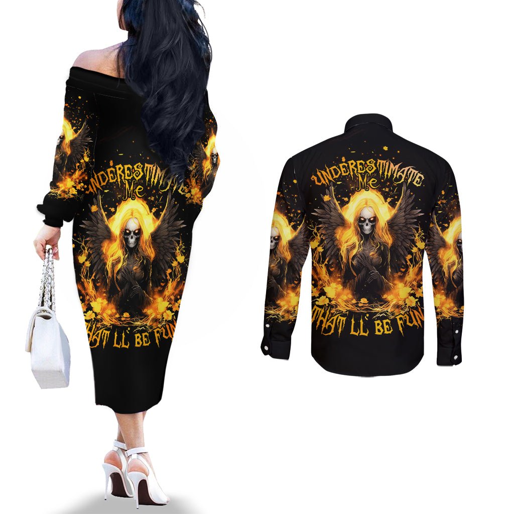 Angel Skull Couples Matching Off The Shoulder Long Sleeve Dress and Long Sleeve Button Shirt Underestimate Me That 'll Be Fun DT01 - The Mazicc - S - S - Black