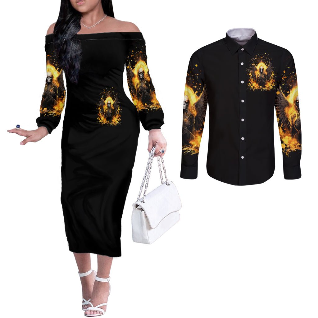 Angel Skull Couples Matching Off The Shoulder Long Sleeve Dress and Long Sleeve Button Shirt Underestimate Me That 'll Be Fun DT01 - The Mazicc - S - S - Black
