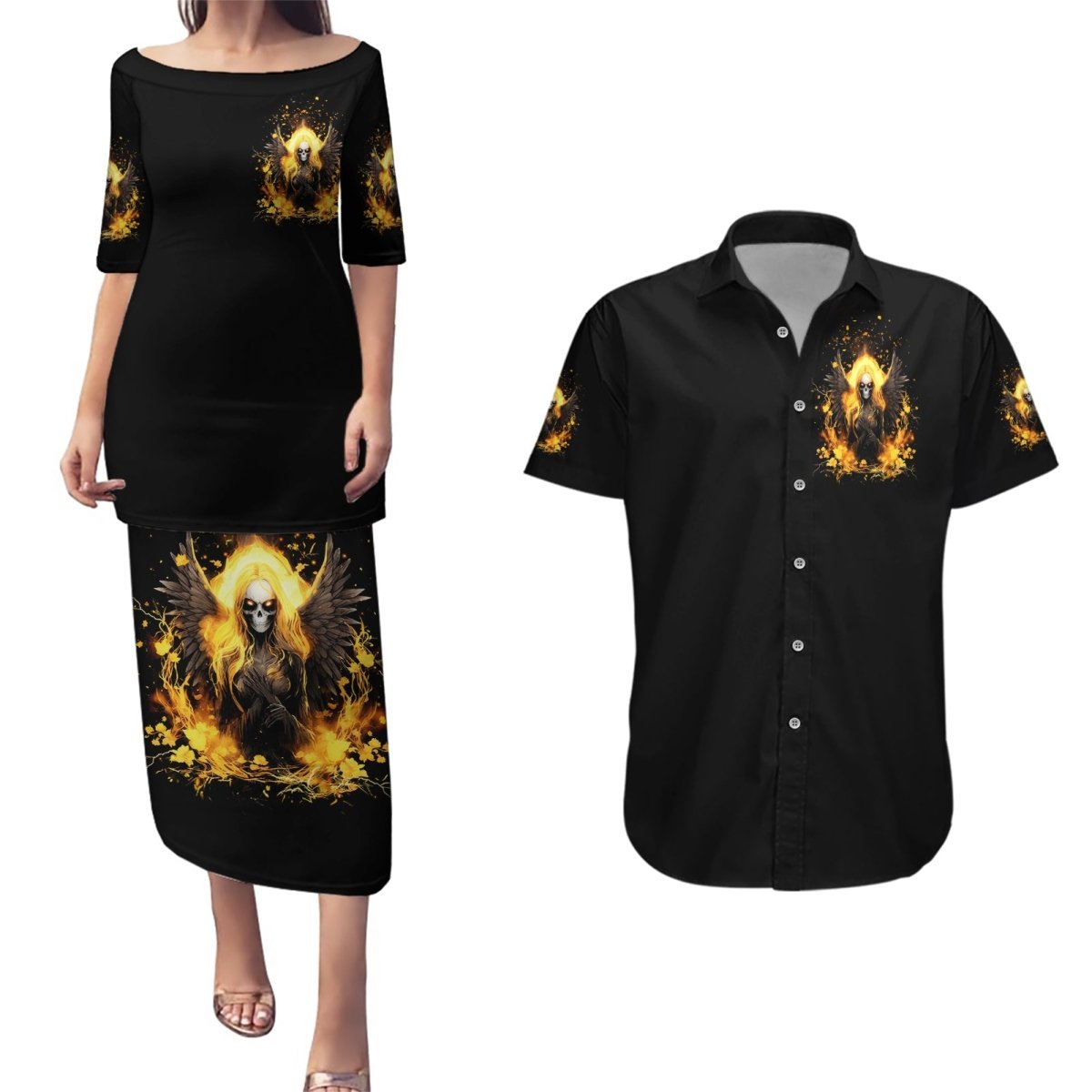Angel Skull Couples Matching Puletasi and Hawaiian Shirt Underestimate Me That 'll Be Fun DT01 - The Mazicc - S - S - Black