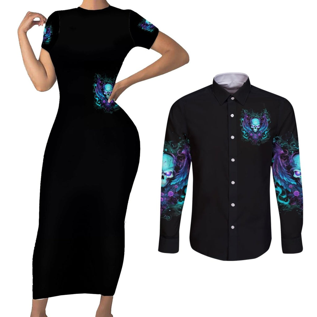 Angel Skull Couples Matching Short Sleeve Bodycon Dress and Long Sleeve Button Shirt I'm Not Anti-Social I'm Just Not User Friendly DT01 - The Mazicc - S - S - Black