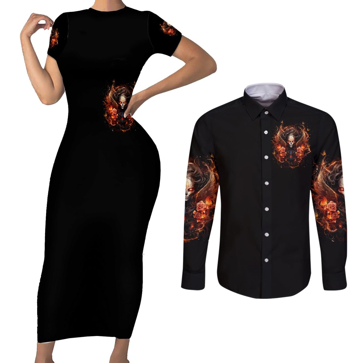 Angel Skull Couples Matching Short Sleeve Bodycon Dress and Long Sleeve Button Shirt Sometimes An Angel Sometimes A Hellrasier DT01 - The Mazicc - S - S - Black