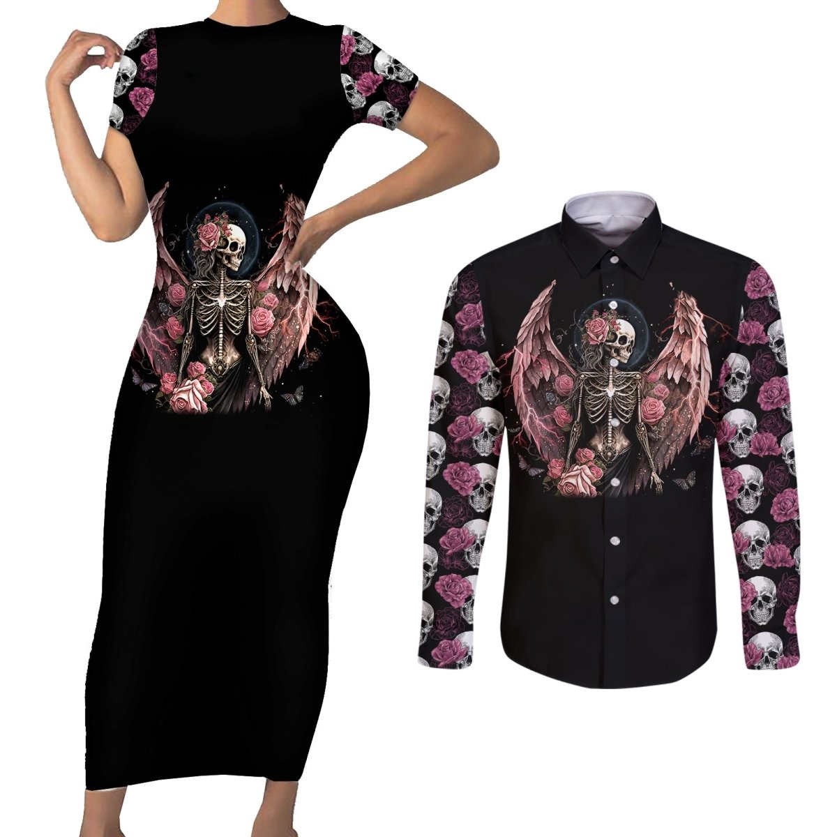 Angel Skull Couples Matching Short Sleeve Bodycon Dress and Long Sleeve Button Shirts She Whispered Back Iam The Storm DT01 - The Mazicc - S - S - Black