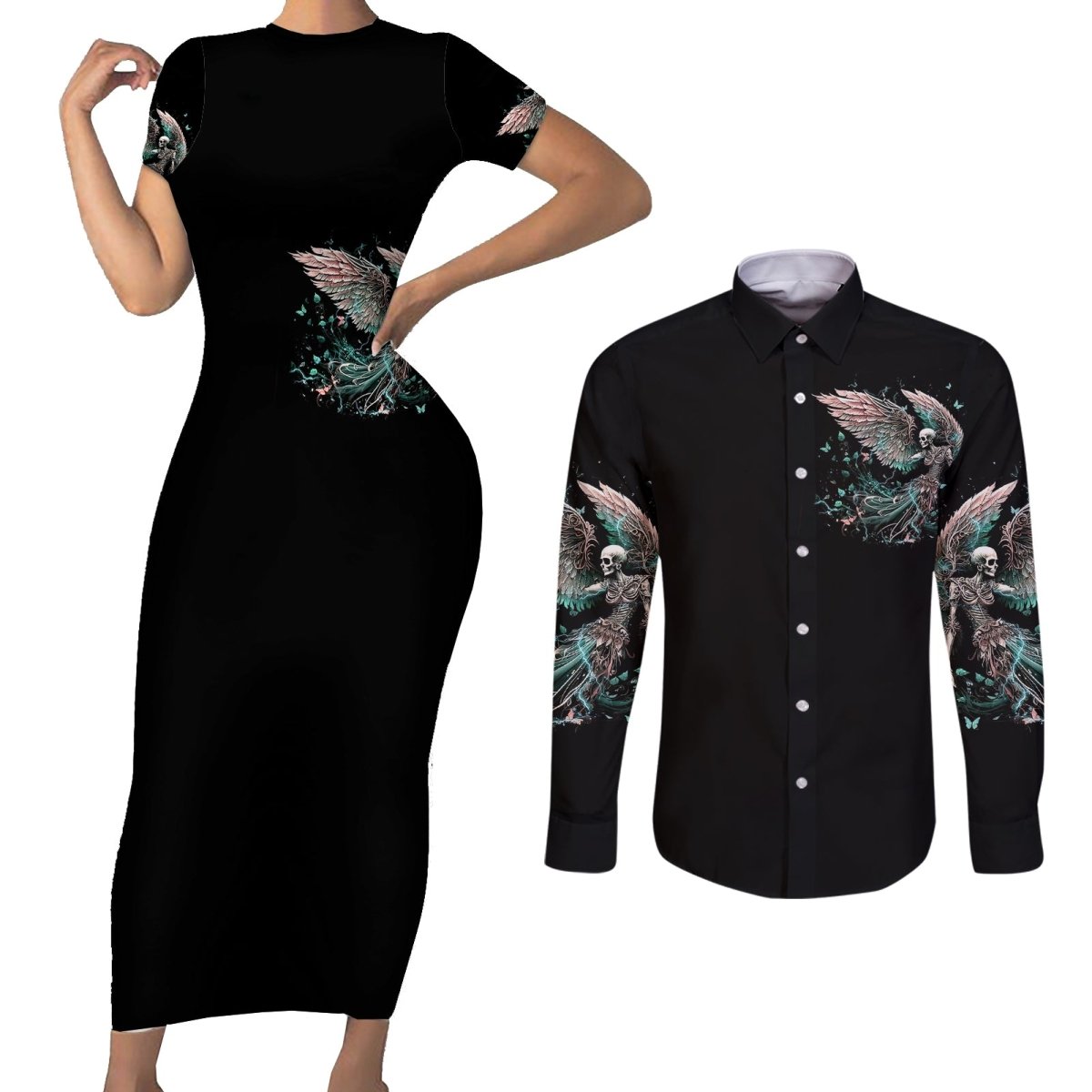 Angel Skull Couples Matching Short Sleeve Bodycon Dress and Long Sleeve Button Shirts She Whispered Back Iam The Storm DT01 - The Mazicc - S - S - Black