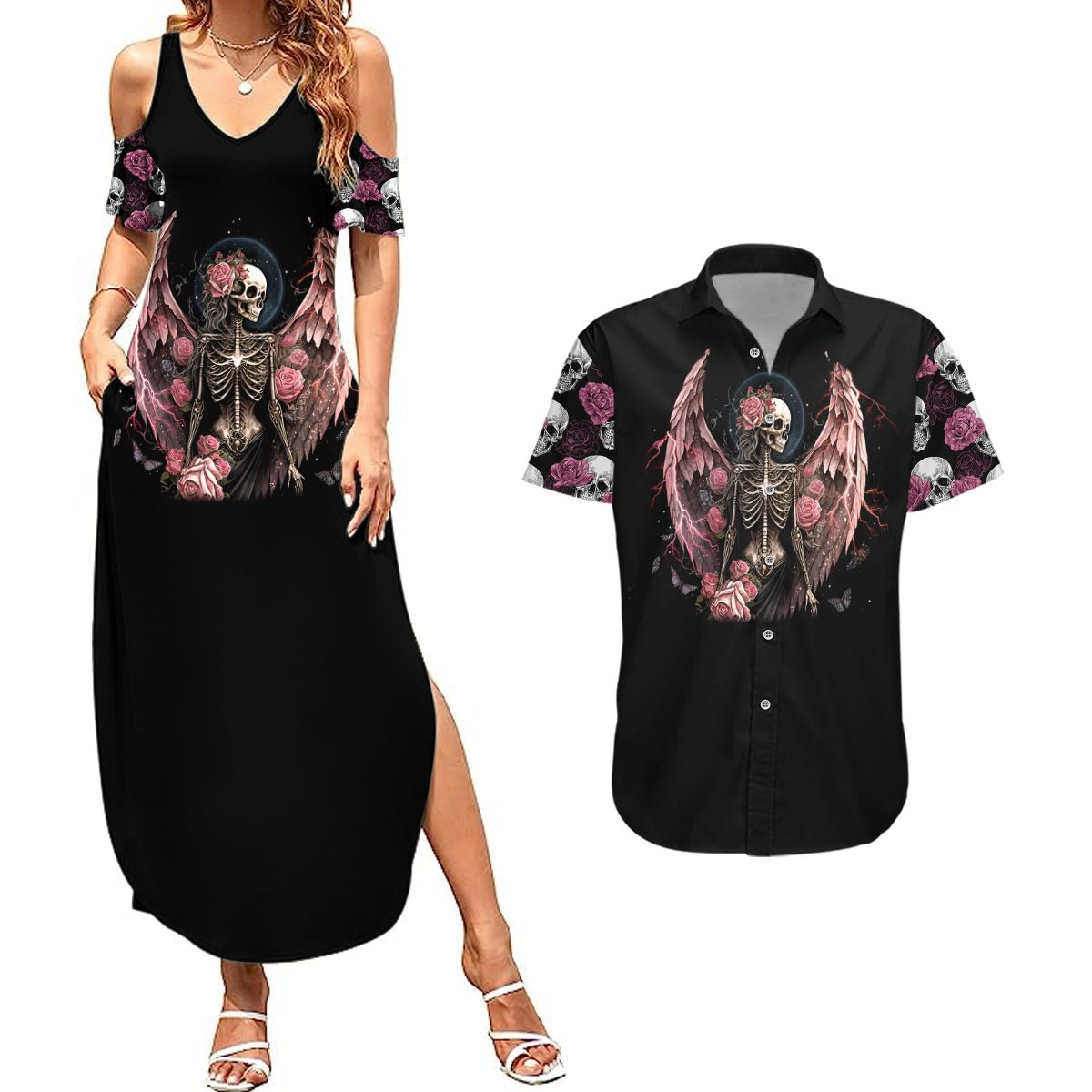 Angel Skull Couples Matching Summer Maxi Dress and Hawaiian Shirt She Whispered Back Iam The Storm DT01 - The Mazicc - S - S - Black