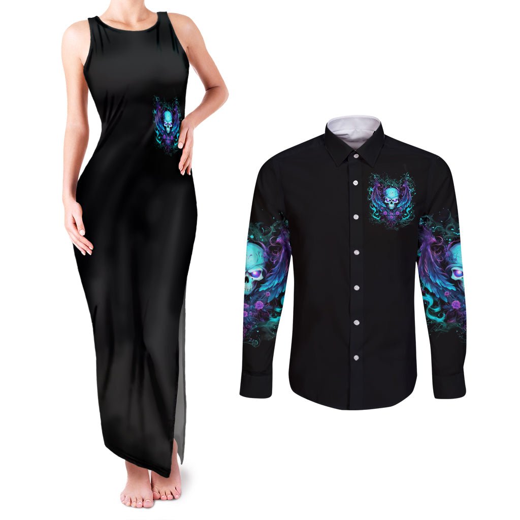 Angel Skull Couples Matching Tank Maxi Dress and Long Sleeve Button Shirt I'm Not Anti-Social I'm Just Not User Friendly DT01 - The Mazicc - S - S - Black