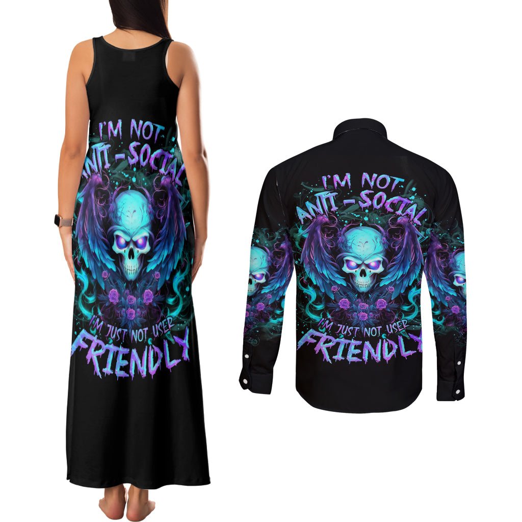 Angel Skull Couples Matching Tank Maxi Dress and Long Sleeve Button Shirt I'm Not Anti-Social I'm Just Not User Friendly DT01 - The Mazicc - S - S - Black