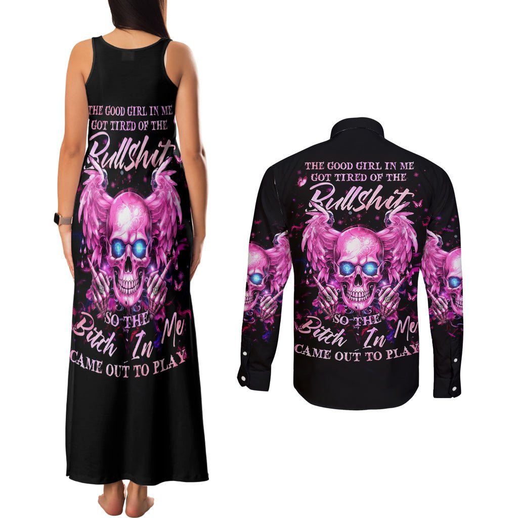 Angel Skull Couples Matching Tank Maxi Dress and Long Sleeve Button Shirt The Good Girl In Me Got Tired Of The Bullshit DT01 - The Mazicc - S - S - Black