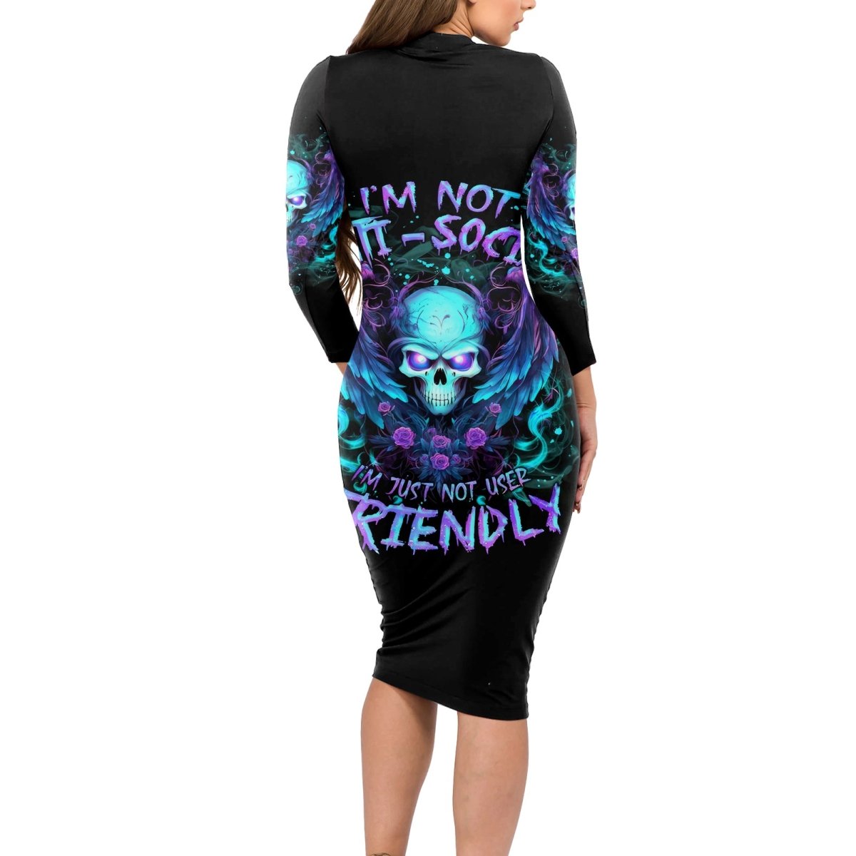 Angel Skull Long Sleeve Bodycon Dress I'm Not Anti-Social I'm Just Not User Friendly DT01 - The Mazicc - Long Dress - S - Black