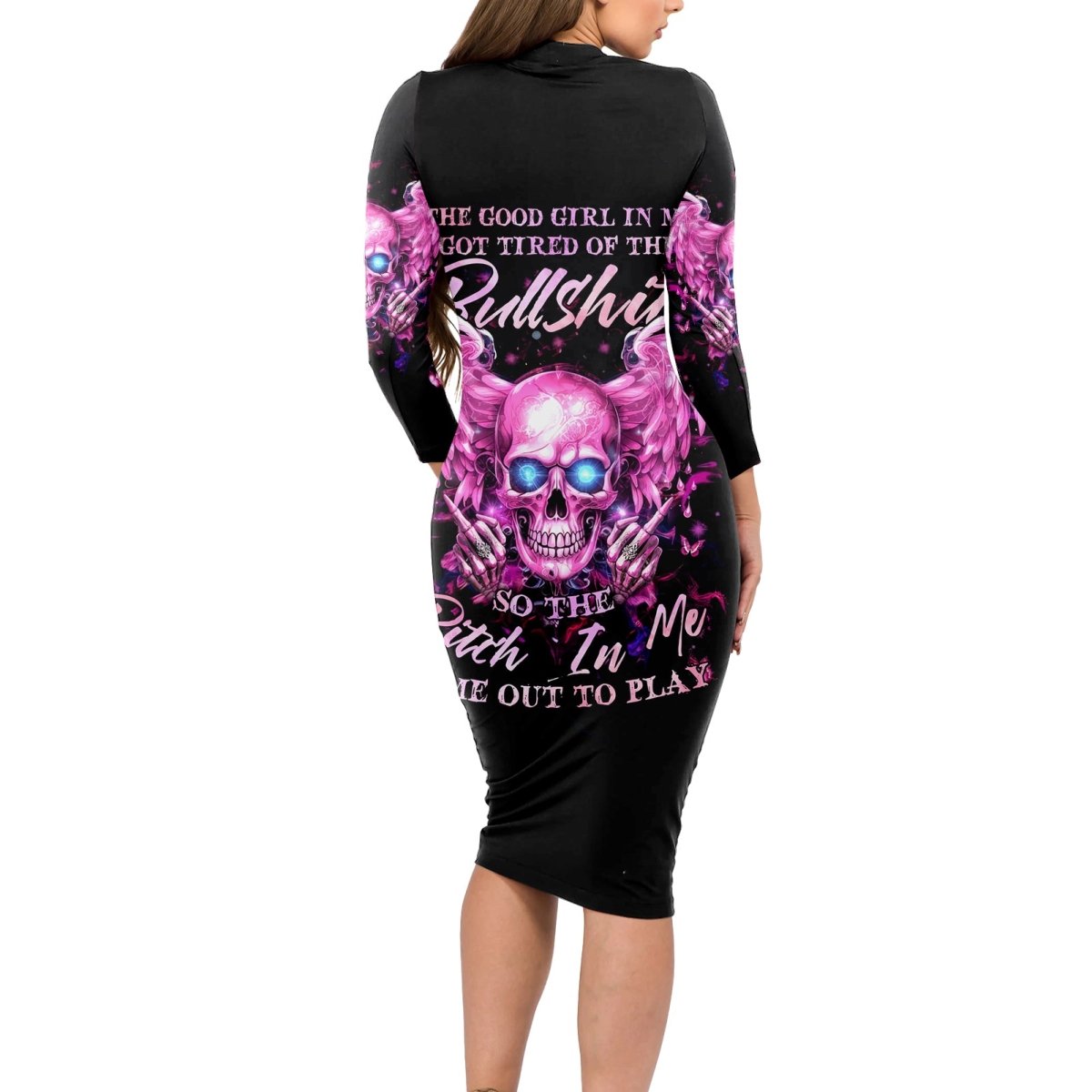 Angel Skull Long Sleeve Bodycon Dress The Good Girl In Me Got Tired Of The Bullshit DT01 - The Mazicc - Long Dress - S - Black