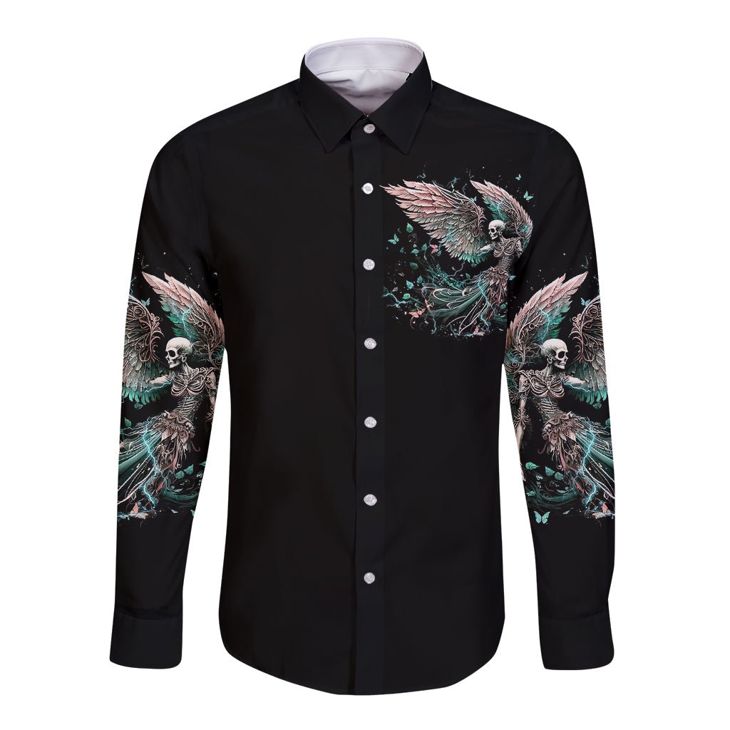 Angel Skull Long Sleeve Button Shirt She Whispered Back Iam The Storm DT01 - The Mazicc - Unisex - S - Black