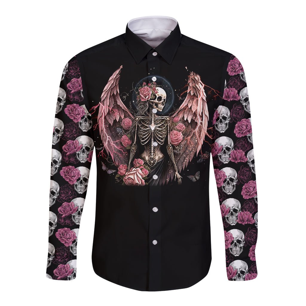 Angel Skull Long Sleeve Button Shirt She Whispered Back Iam The Storm DT01 - The Mazicc - Unisex - S - Black