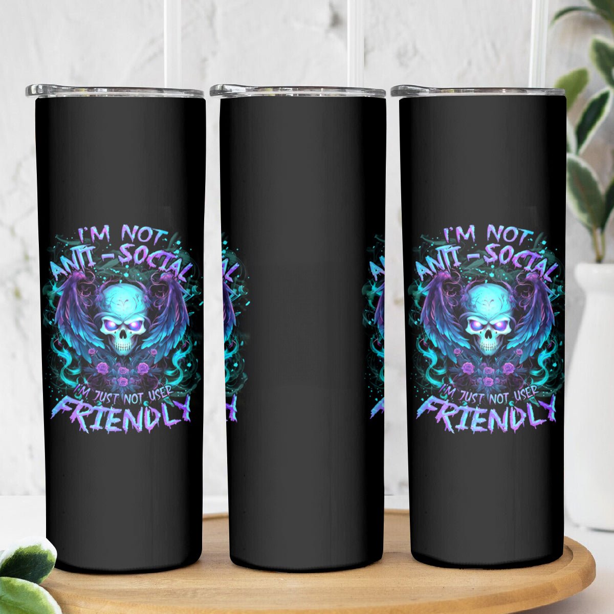 Angel Skull Skinny Tumbler I'm Not Anti-Social I'm Just Not User Friendly DT01 - The Mazicc - 20oz - Black -
