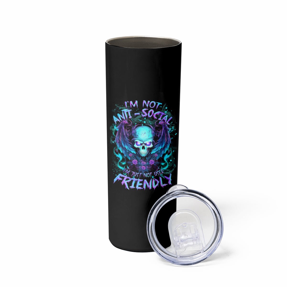 Angel Skull Skinny Tumbler I'm Not Anti-Social I'm Just Not User Friendly DT01 - The Mazicc - 20oz - Black -