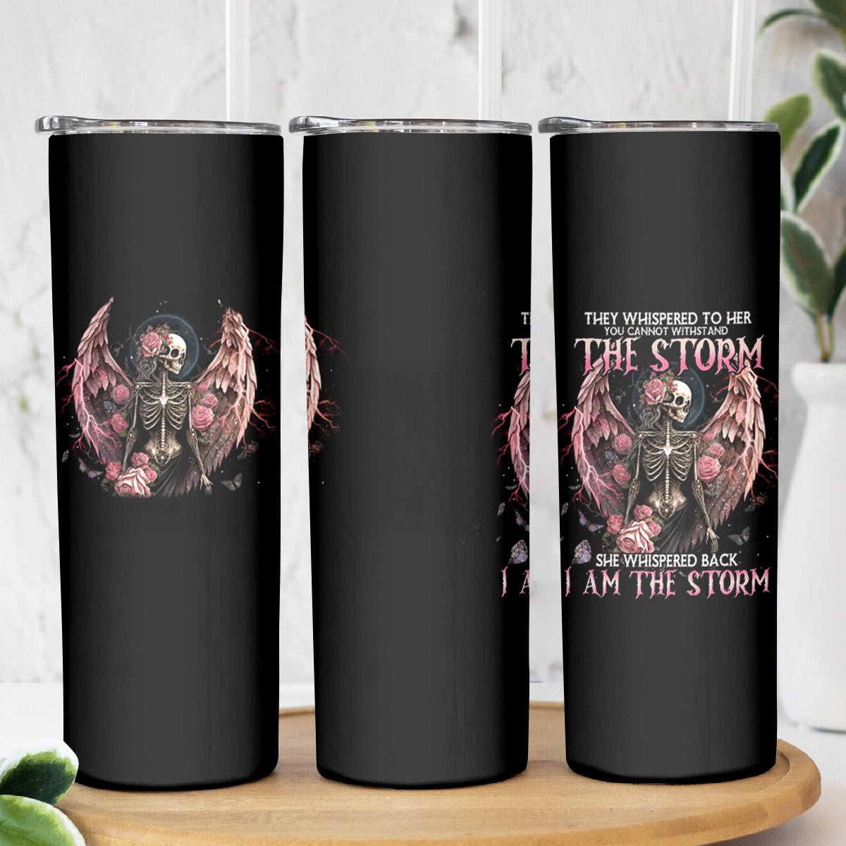 Angel Skull Skinny Tumbler She Whispered Back Iam The Storm DT01 - The Mazicc - 20oz - Black -