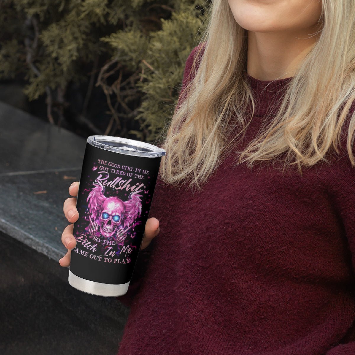 Angel Skull Tumbler Cup The Good Girl In Me Got Tired Of The Bullshit DT01 - The Mazicc - 20oz - Black -