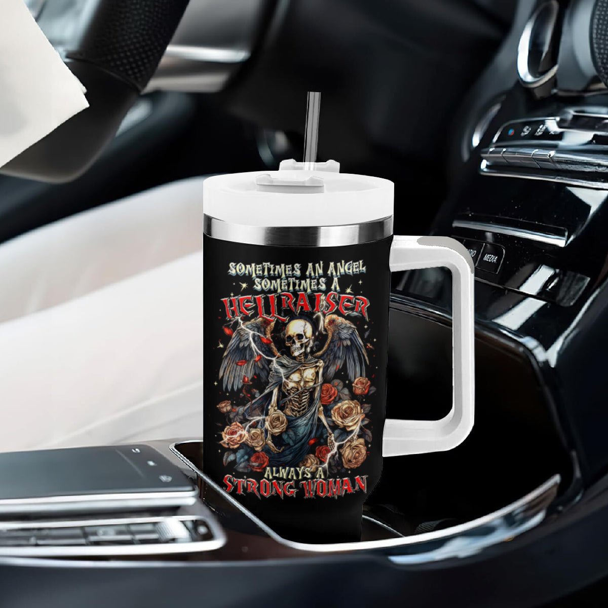 Angel Skull Tumbler With Handle Sometimes An Angel Sometimes A Hellraiser DT01 - The Mazicc - One Size: 40 oz - Black -