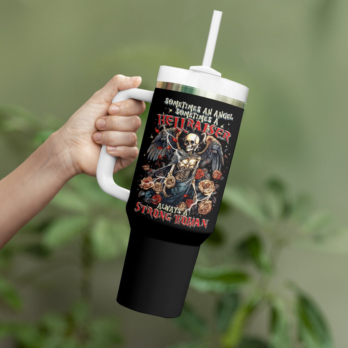 Angel Skull Tumbler With Handle Sometimes An Angel Sometimes A Hellraiser DT01 - The Mazicc - One Size: 40 oz - Black -